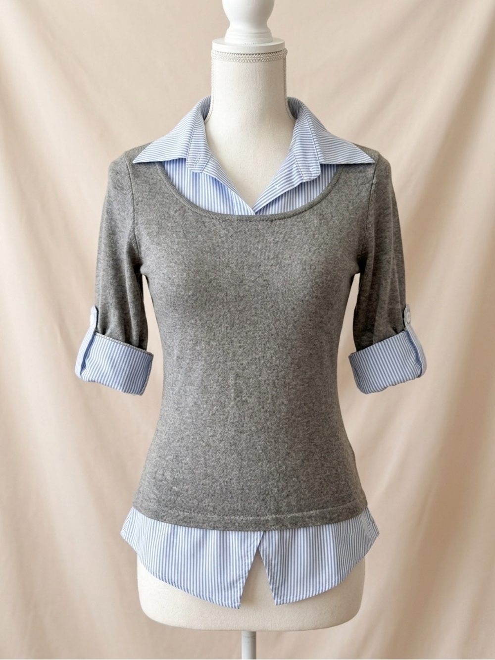 Layered Look Gray Knit Top with Blue Striped Shirt Detail
